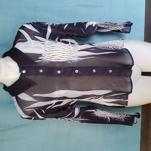 Black & white textured sheer scrunched tattoo mesh button up blouse
